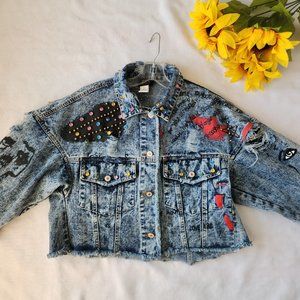 M2 Beaded Graffiti Distressed Cropped Denim Jacket Men (S)